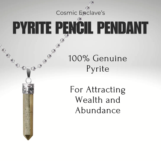 A sleek gray Pyrite pencil pendant set in a silver cap and attached to a black cord. Known for Attracting Wealth and Abundance.