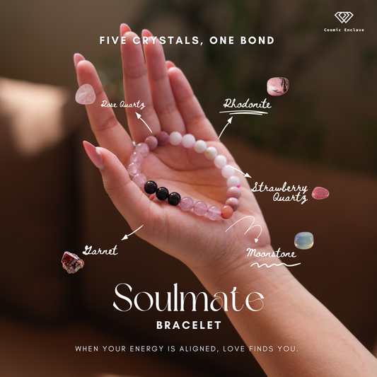 A bracelet composed of round beads in shades of pink, black, and white. Known for attracting Love in life.