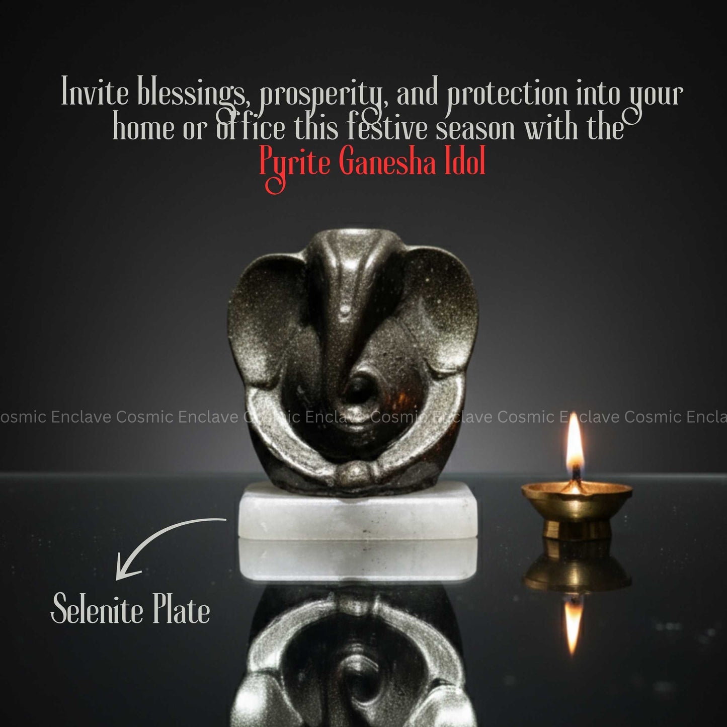 Pyrite Ganesha (With Selenite Plate) (Unveiling Wisdom & Prosperity)