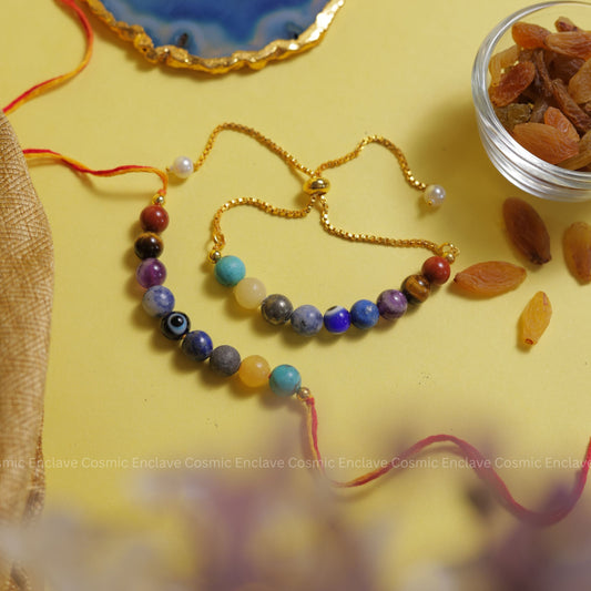 Super 9 Chakra with Evil Eye Bhai Bhabhi Combo Rakhi (For Health and Wellbeing)
