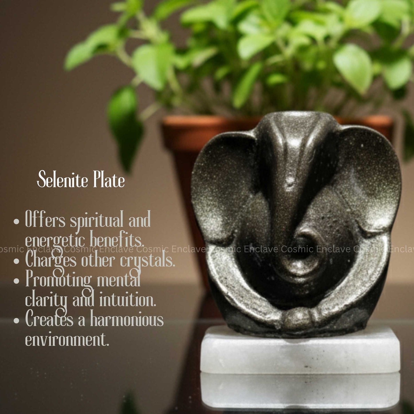 Pyrite Ganesha (With Selenite Plate) (Unveiling Wisdom & Prosperity)
