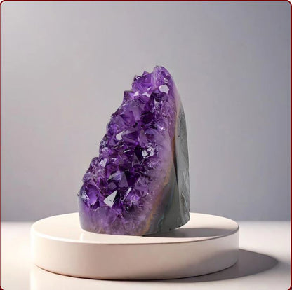 An Amethyst Geode with deep purple crystals, displayed on a white platform against a neutral background. Known for helping with Stress and Anxiety.