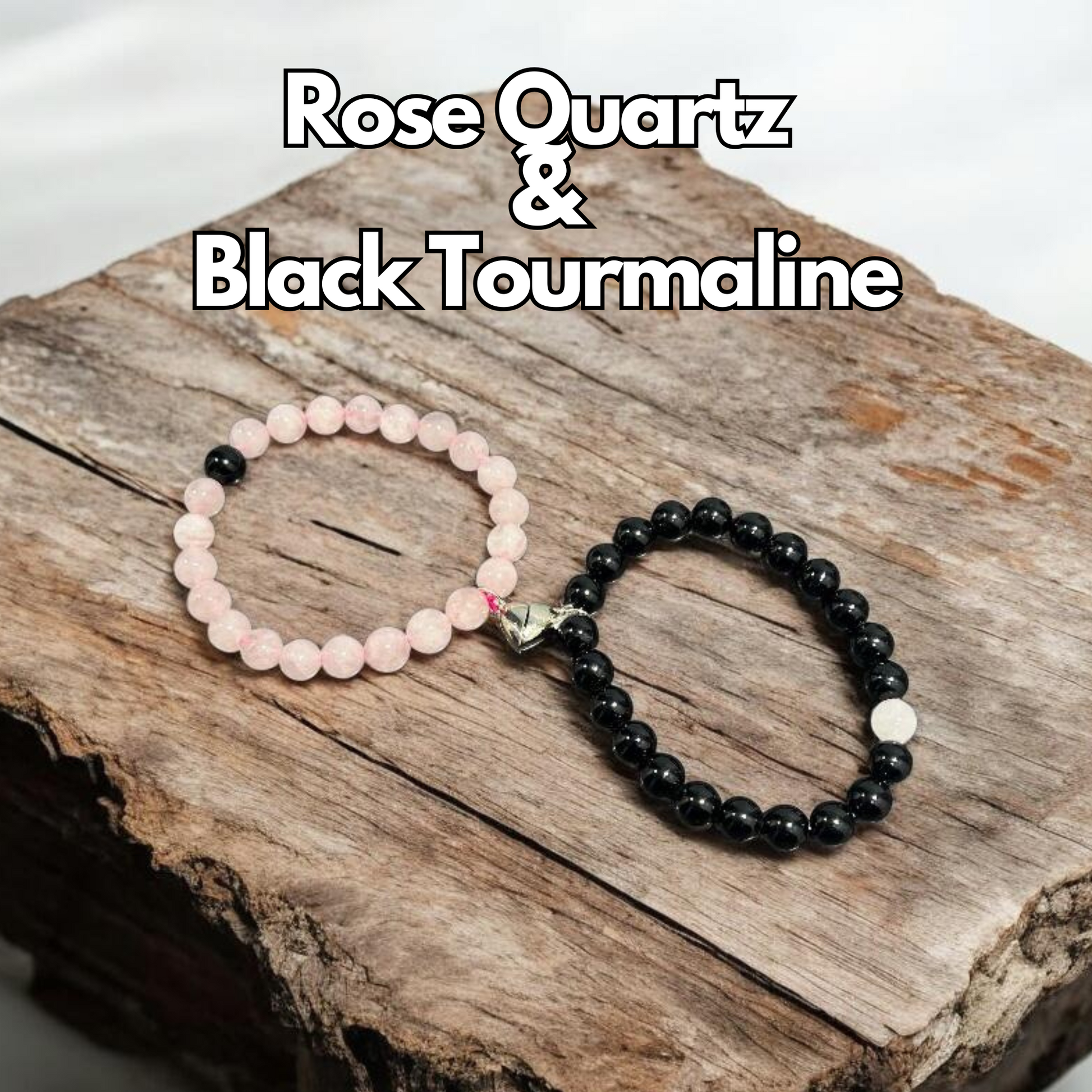 Two beaded bracelets, one with pink rose quartz and the other with black tourmaline