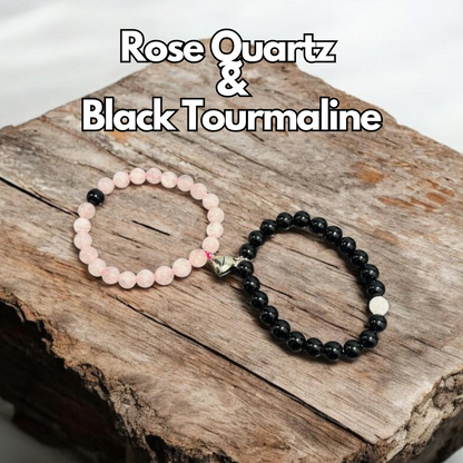 Two beaded bracelets, one with pink rose quartz and the other with black tourmaline
