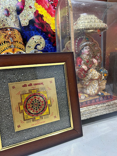 A framed Pyrite Lakshmi Yantra, a sacred symbol of abundance, displayed against a neutral background with green plants to the side. Used for attracting wealth. this is a perfect piece for home decor and gifting too. 