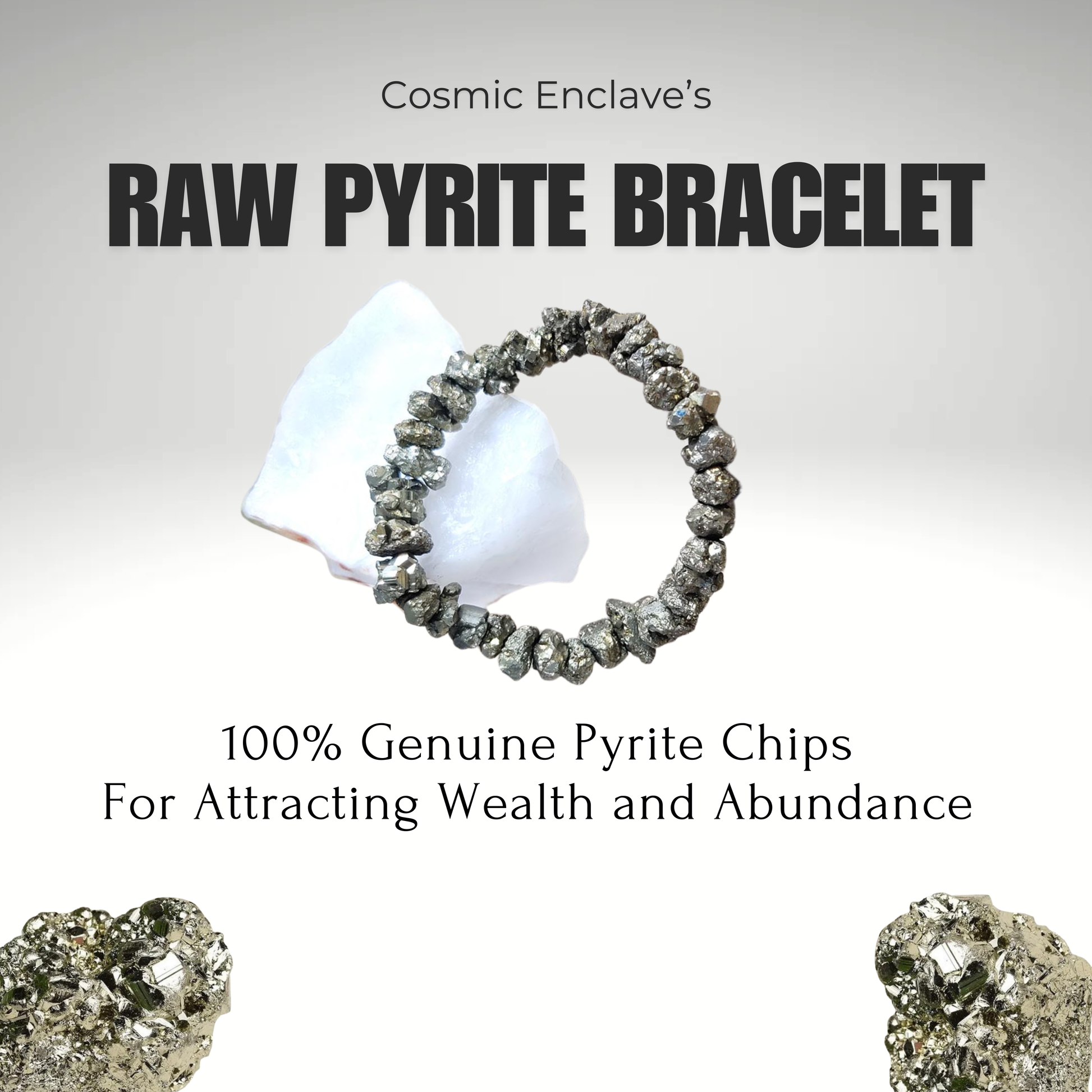 A hand holding a bracelet made of pyrite chips, with a blurred background. Known for Attracting Wealth and Abundance.