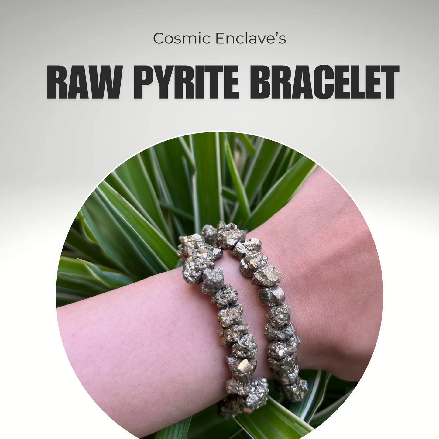 A hand holding a bracelet made of pyrite chips, with a blurred background. Known for Attracting Wealth and Abundance.