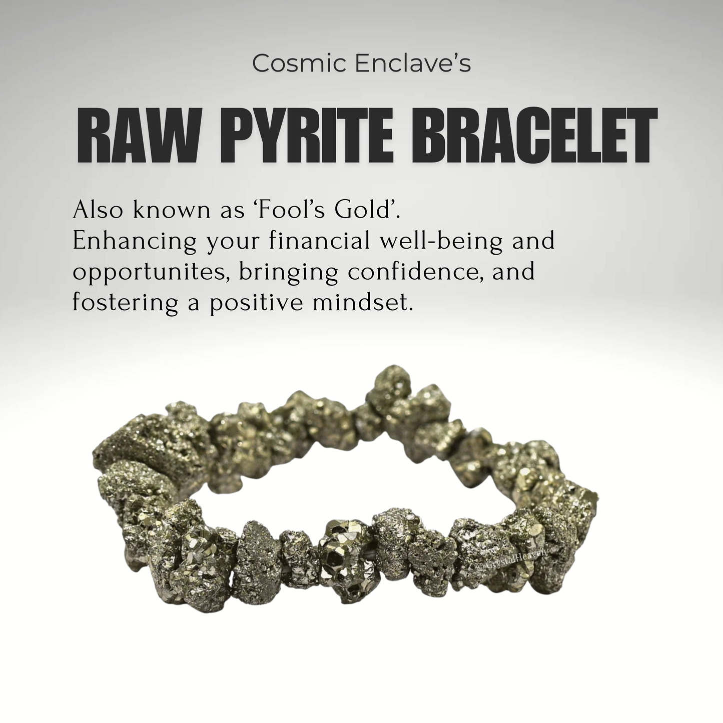 A hand holding a bracelet made of pyrite chips, with a blurred background. Known for Attracting Wealth and Abundance.