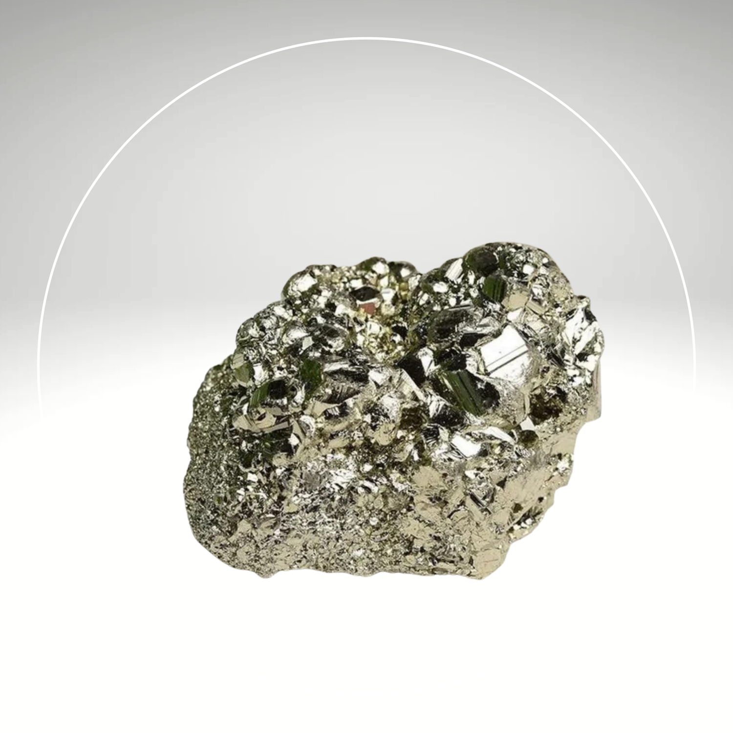 A raw Pyrite stone cluster with a metallic cluster, predominantly in shades of gray and gold, against a white background. Known for Attracting Wealth and Abundance. Place it in the North-East Corner.
