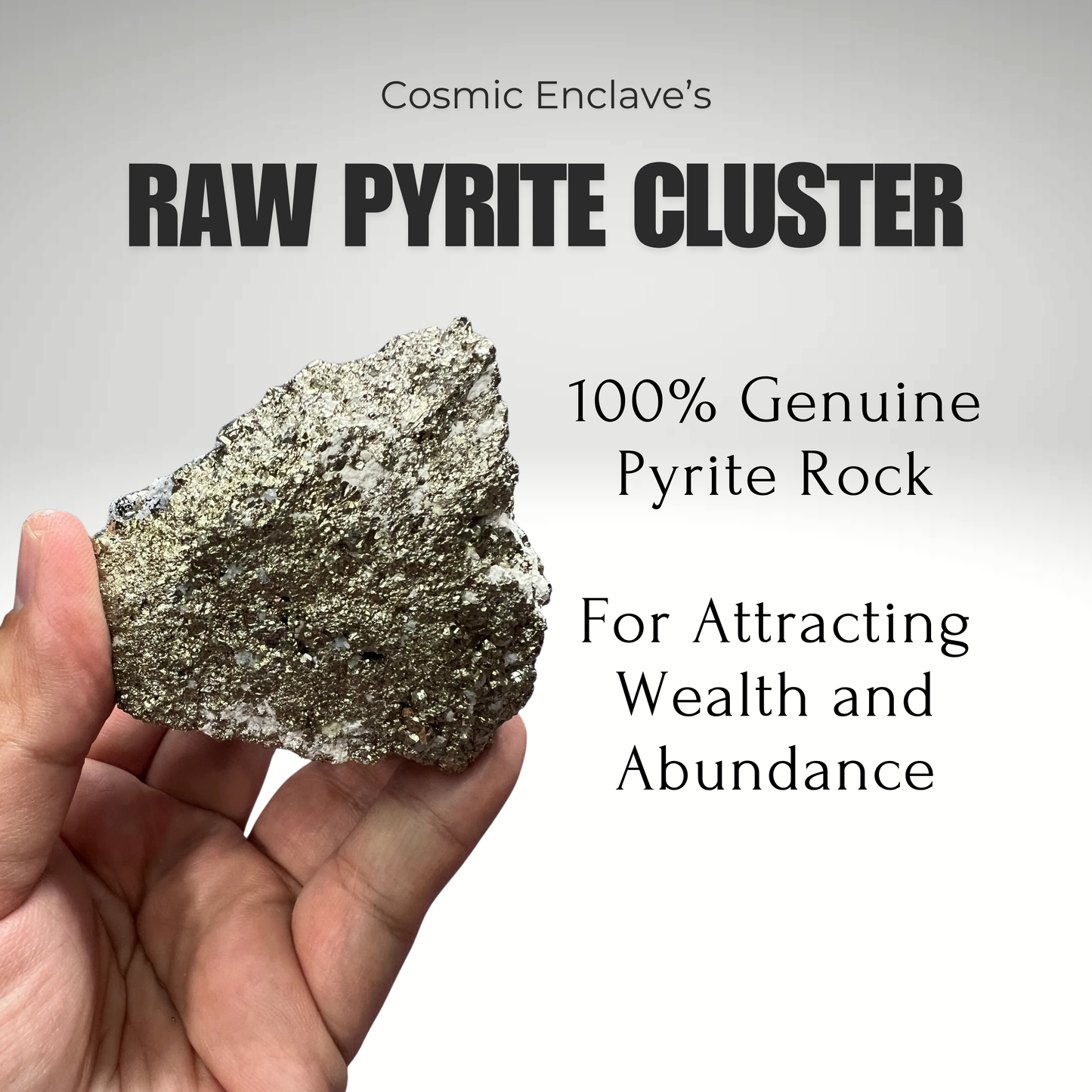 A raw Pyrite stone cluster with a metallic cluster, predominantly in shades of gray and gold, against a white background. Known for Attracting Wealth and Abundance. Place it in the North-East Corner.