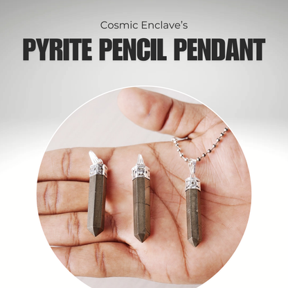 A sleek gray Pyrite pencil pendant set in a silver cap and attached to a black cord. Known for Attracting Wealth and Abundance.