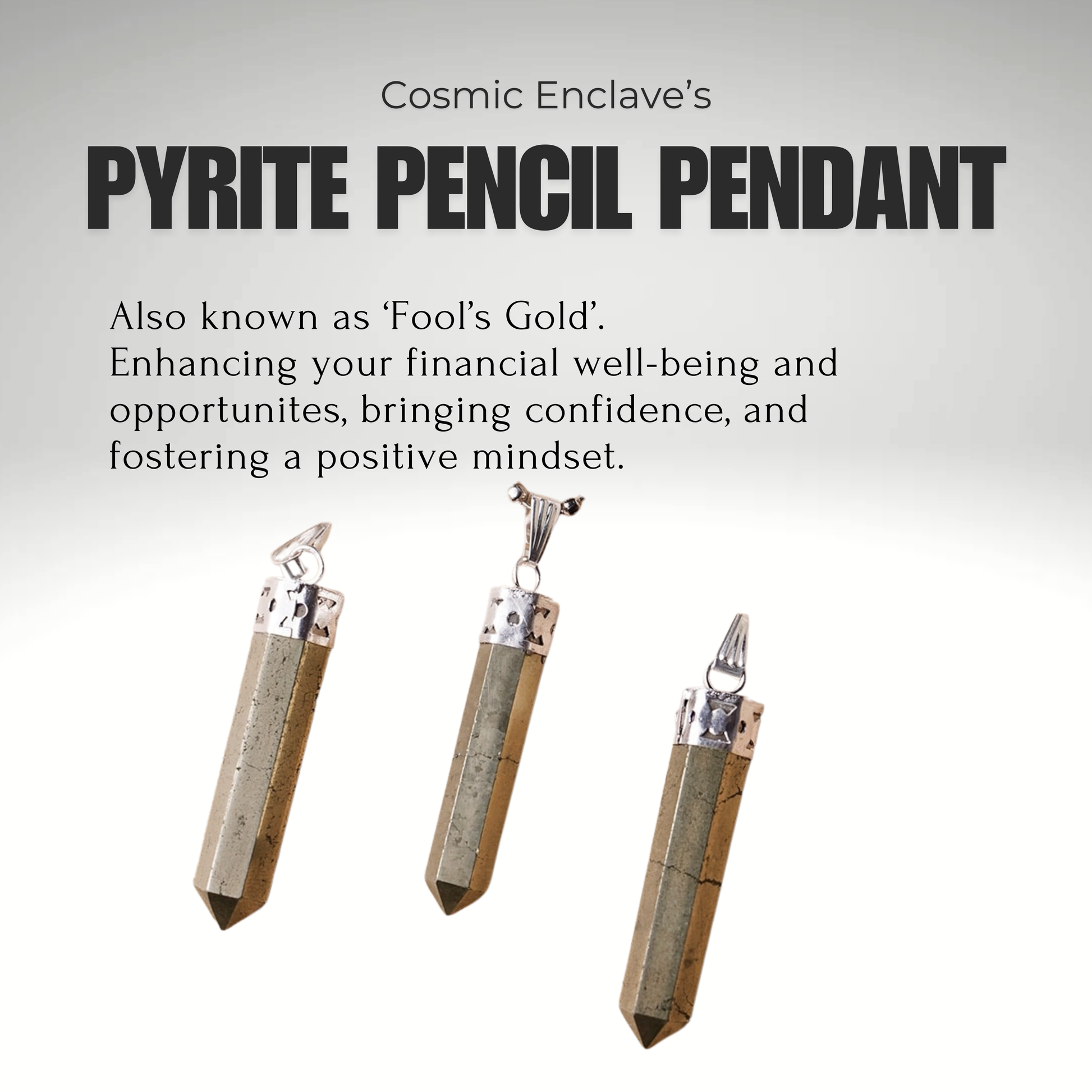 A sleek gray Pyrite pencil pendant set in a silver cap and attached to a black cord. Known for Attracting Wealth and Abundance.