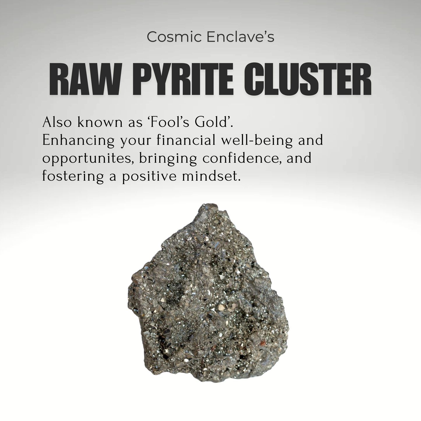 A raw Pyrite stone cluster with a metallic cluster, predominantly in shades of gray and gold, against a white background. Known for Attracting Wealth and Abundance. Place it in the North-East Corner.