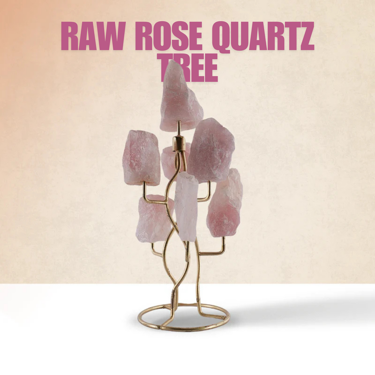 A tree-shaped stand holding raw rose quartz stones.