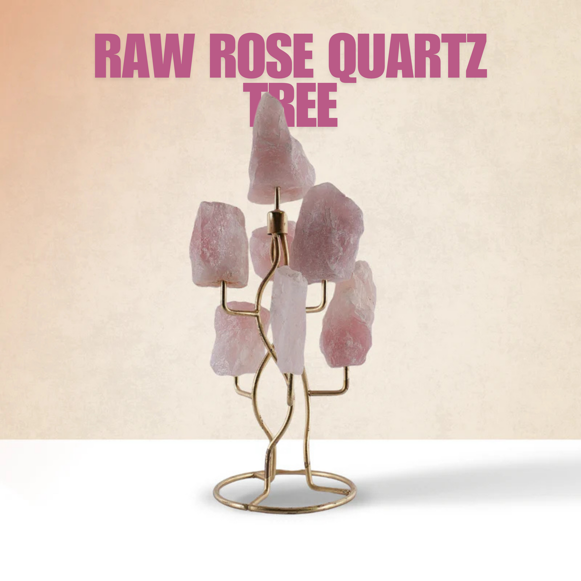 A tree-shaped stand holding raw rose quartz stones.