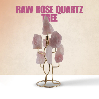A tree-shaped stand holding raw rose quartz stones.
