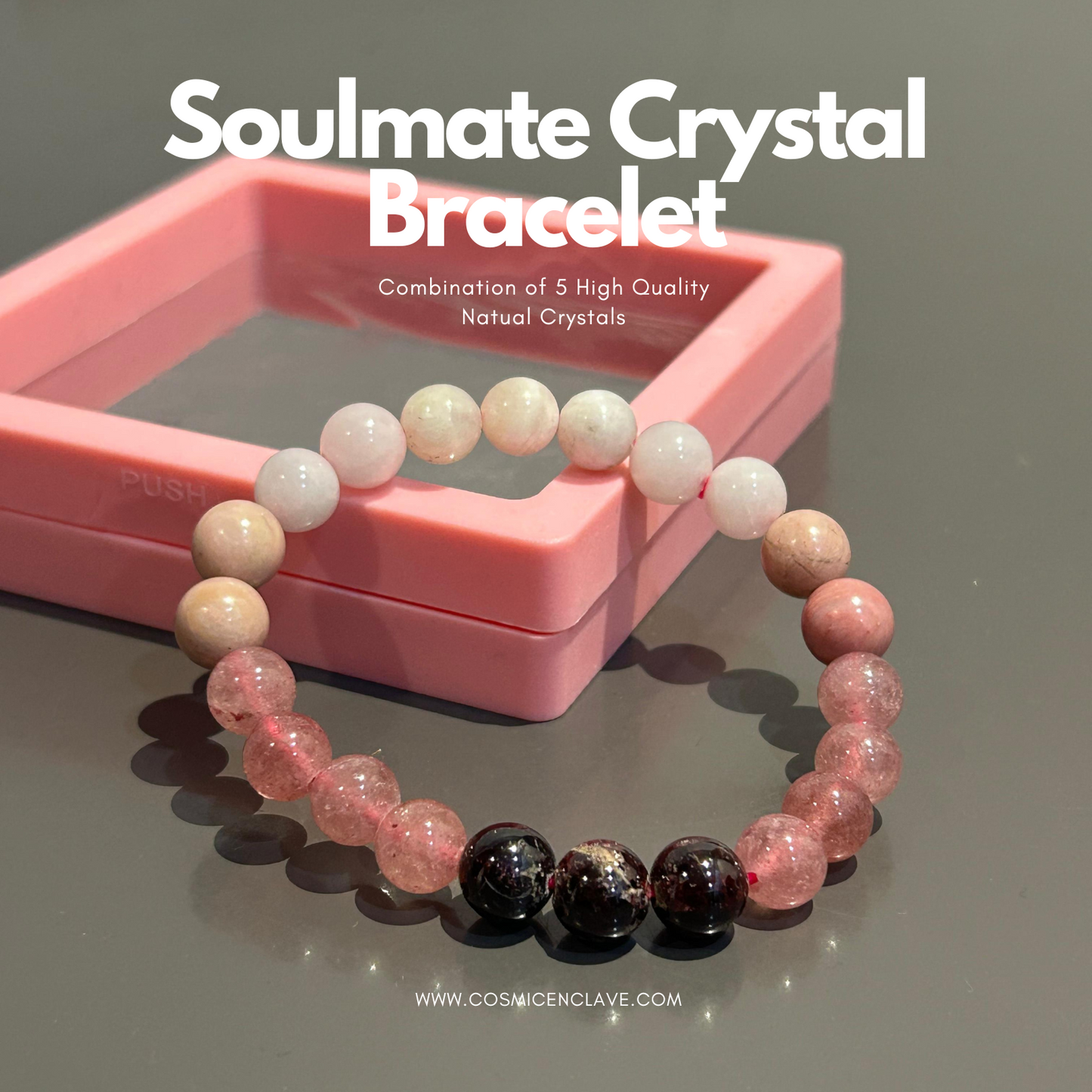 A bracelet composed of round beads in shades of pink, black, and white. Known for attracting Love in life.