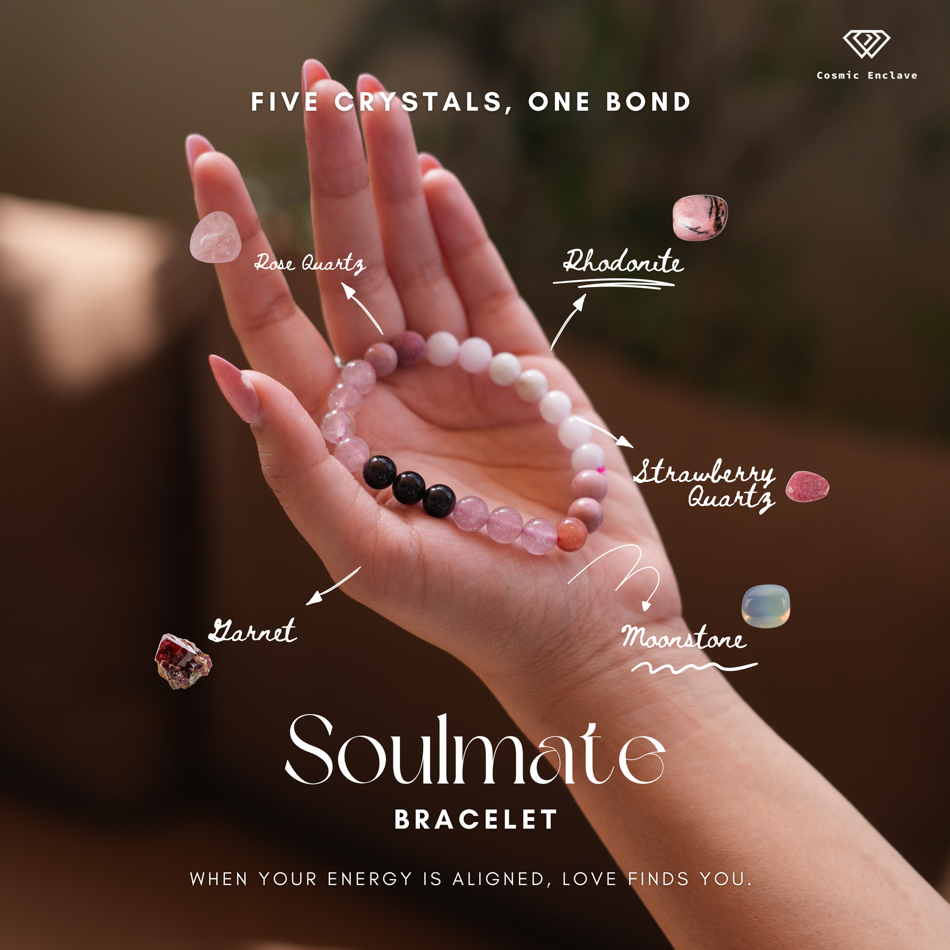 A bracelet composed of round beads in shades of pink, black, and white. Known for attracting Love in life.